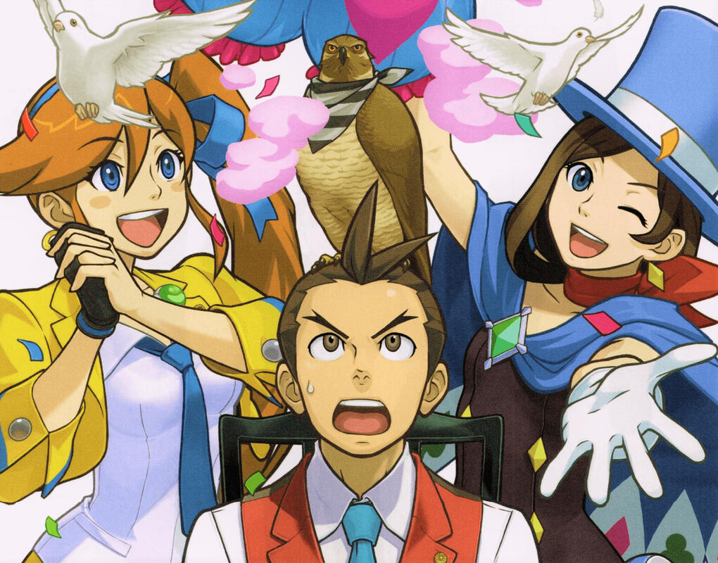 an image of athena cykes, trucy wright, and apollo justice, and taka the hawk from the ace attorney series. taka is perched on apollo's head, and athena is smiling at trucy's magic trick, which she is presenting to the viewer.