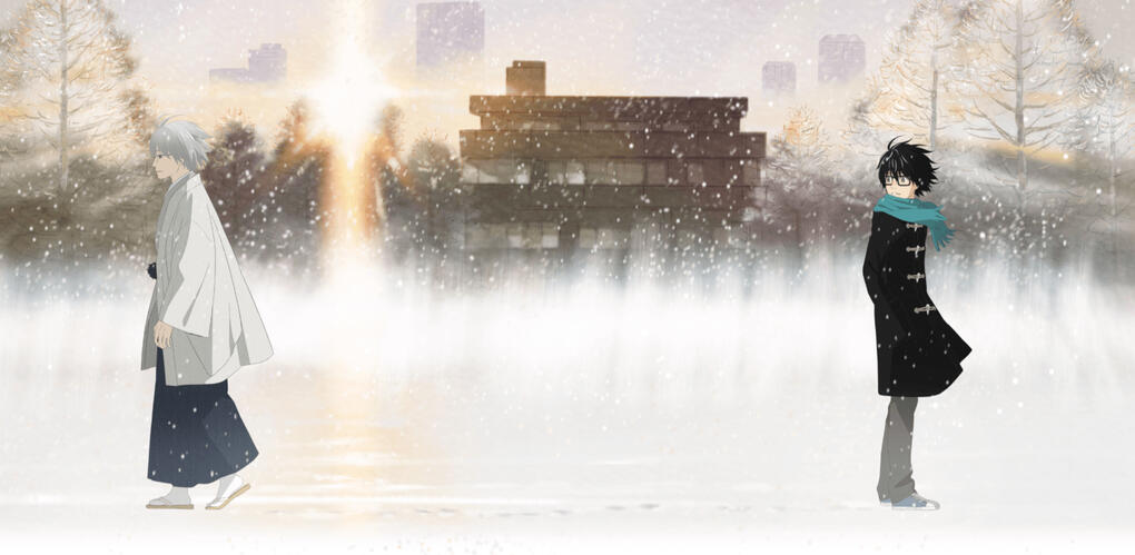 an image from the anime march comes in like a lion. rei, on the right side, is looking behind him at touji, and they are standing outside while it is snowing.