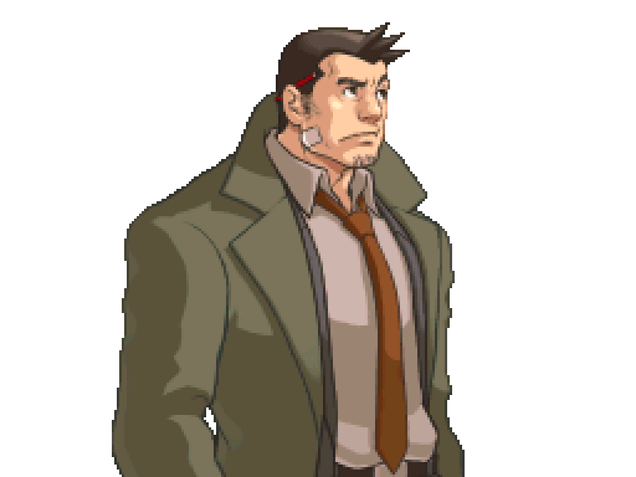 a gif of dick gumshoe from miles edgeworth: ace attorney investigations. he's thinking hard, looking from side to side as his eyebrows waggle.